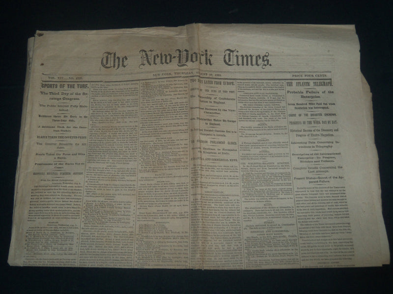 1865 AUGUST 10 NEW YORK TIMES NEWSPAPER - SARATOGA RACE TRACK - NP 3989