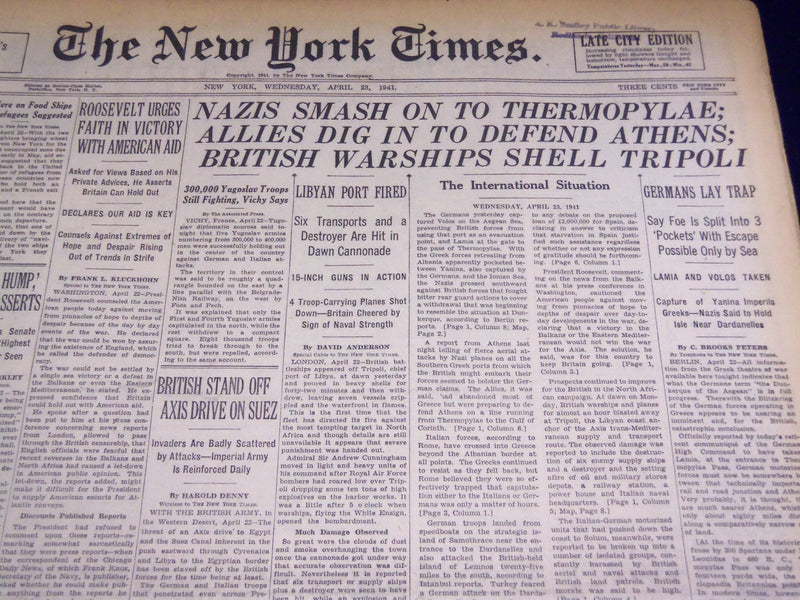 1941 APRIL 23 NEW YORK TIMES - ALLIES DIG IN TO DEFEND ATHENS - NT 1448