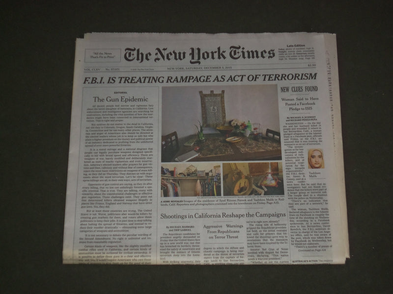 2015 DECEMBER 5 NEW YORK TIMES - FBI IS TREATING RAMPAGE AS ACT OF TERRORISM