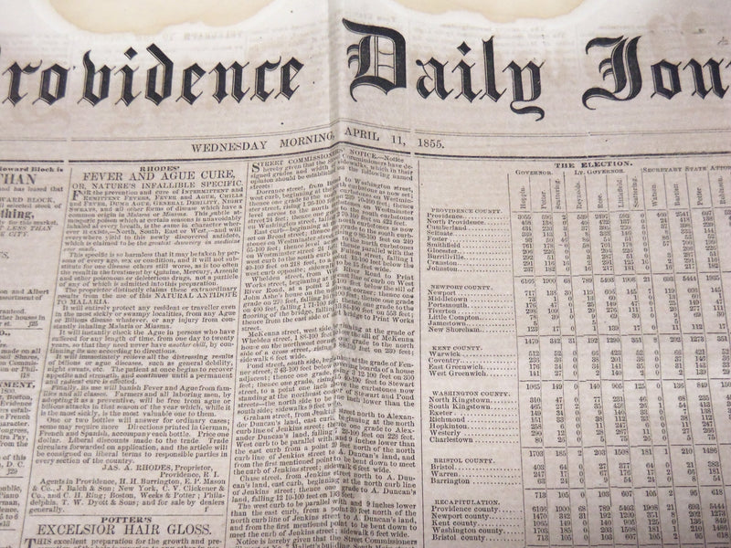 1855 APRIL 11 THE PROVIDENCE DAILY JOURNAL NEWSPAPER - THE ELECTION - NP 3877D