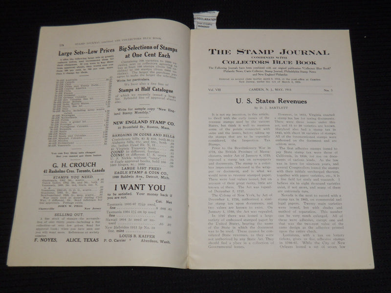 1915-1916 THE STAMP JOURNAL MAGAZINE LOT OF 5 ISSUES - O 1134L