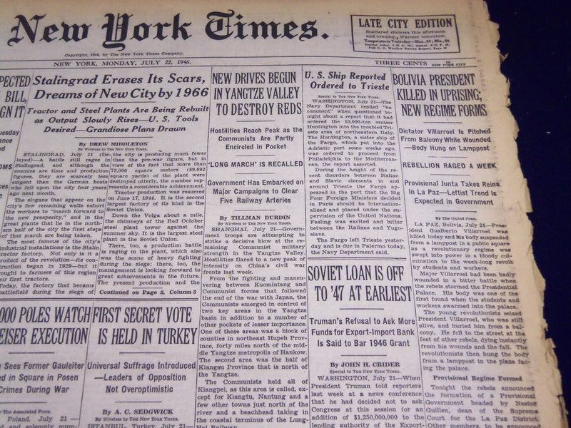 1946 JULY 22 NEW YORK TIMES - BOLIVIA PRESIDENT KILLED - NT 2722