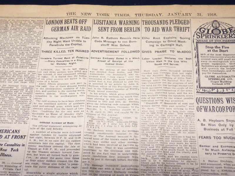 1918 JANUARY 31 NEW YORK TIMES - HINDENBURG WARNS STRIKES IN BERLIN - NT 7928