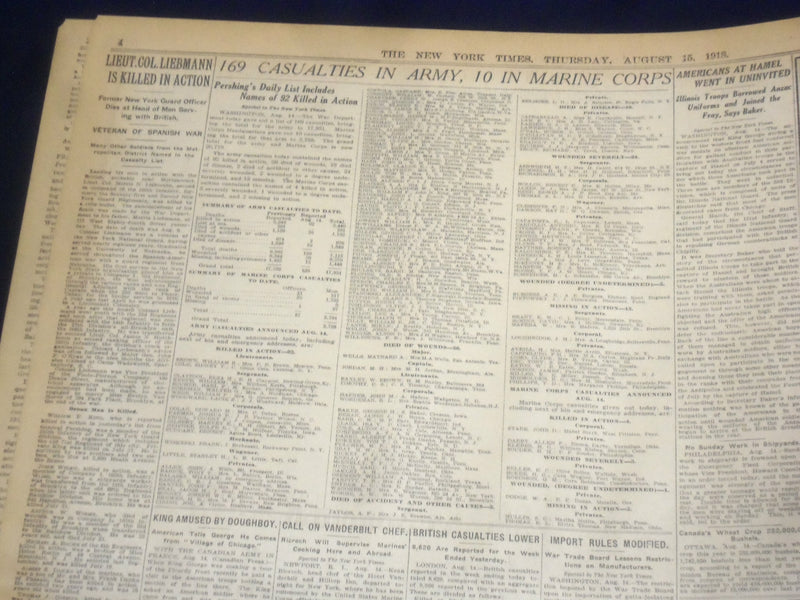 1918 AUGUST 15 NEW YORK TIMES - GERMANS FALL BACK NORTH OF ALBERT - NT 9194