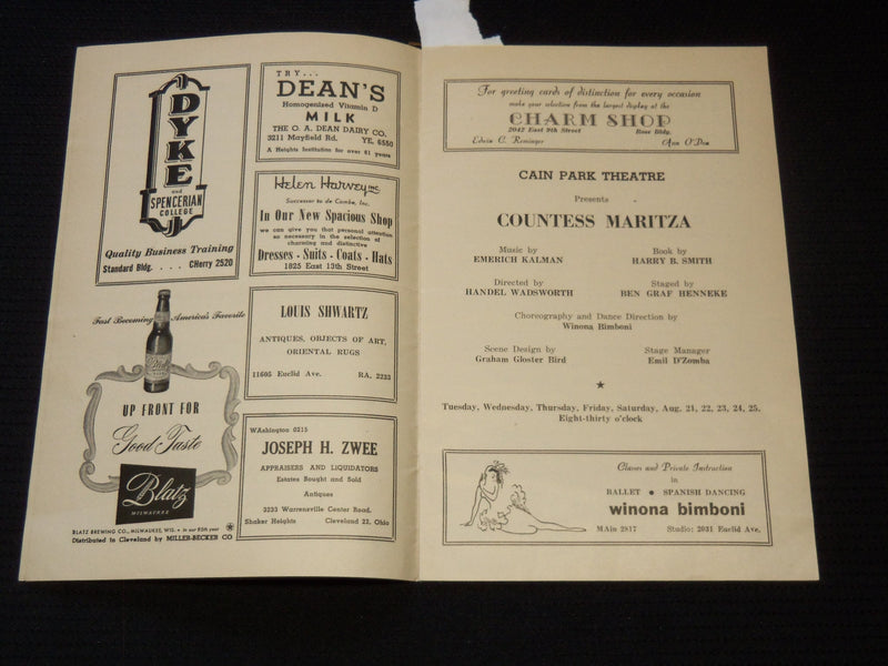 1945 CAIN PARK THEATRE 8TH SUMMER SEASON PROGRAM - CLEVELAND, OHIO - J 8011