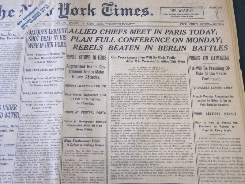 1919 JANUARY 12 NEW YORK TIMES - ALLIED CHIEFS MEET IN PARIS TODAY - NT 5832