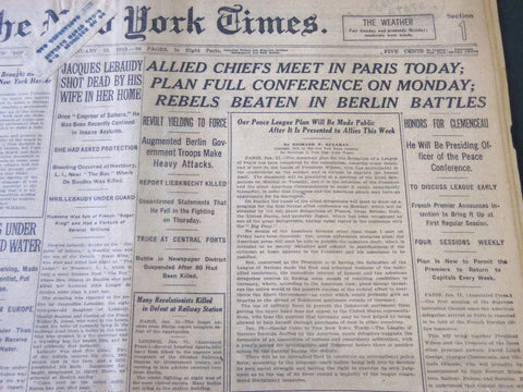 1919 JANUARY 12 NEW YORK TIMES - ALLIED CHIEFS MEET IN PARIS TODAY - NT 5832