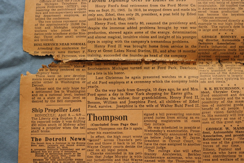 1947 APRIL 8 THE DETROIT NEWS NEWSPAPER - HENRY FORD TO LIE IN STATE - NP 9217