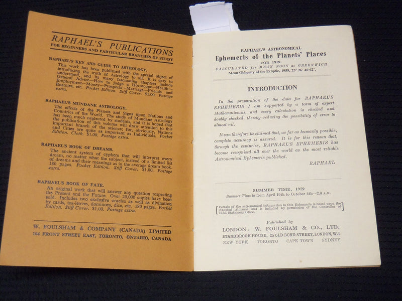 1959 RAPHAEL'S ASTRONOMICAL EPHEMERIS OF PLANETS BOOKLET - K 1052