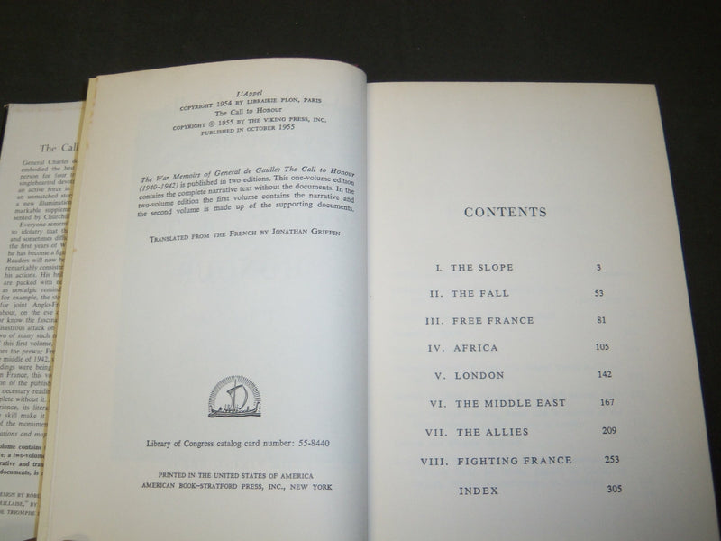 1955 THE CALL TO HONOUR WAR MEMOIRS GENERAL DE GAULLE BOOK - VOLUME 1 - KD 5729
