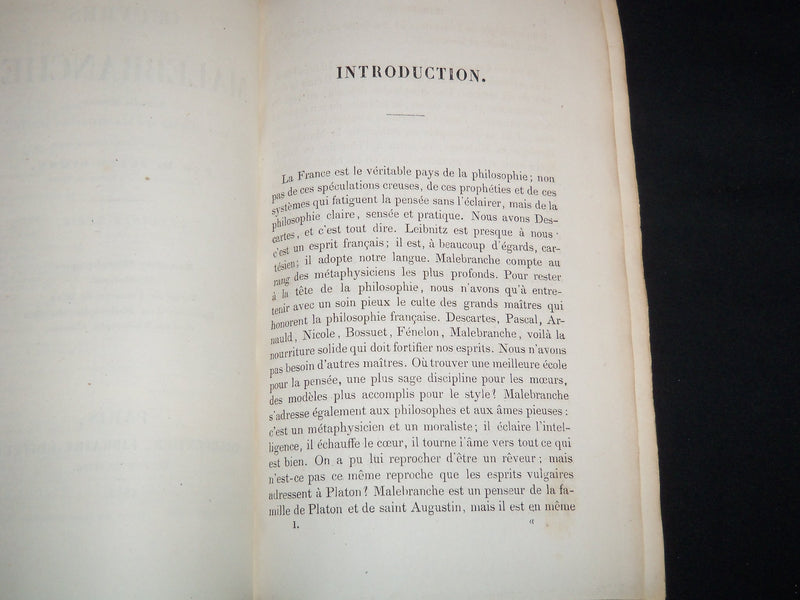 1842 OEUVRES DE MALEBRANCHE VOLUME BY JULES SIMON - FRENCH - KD 4815B