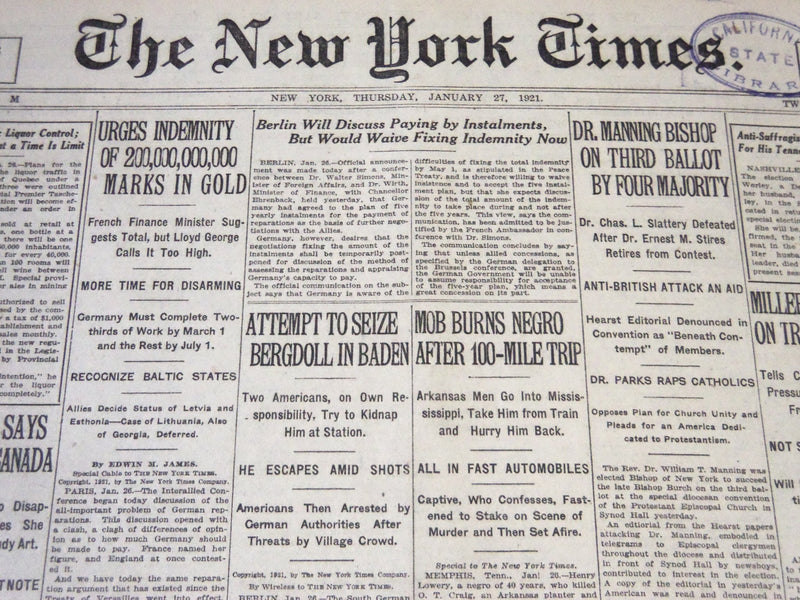 1921 JANUARY 27 NEW YORK TIMES - DR. MANNING BISHOP ON THIRD BALLOT - NT 5507