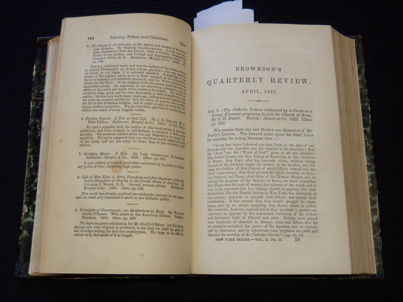 1857 BROWNSON'S QUARTERLY REVIEW MAGAZINE BOUND VOLUME NO. 2 - KD 7808