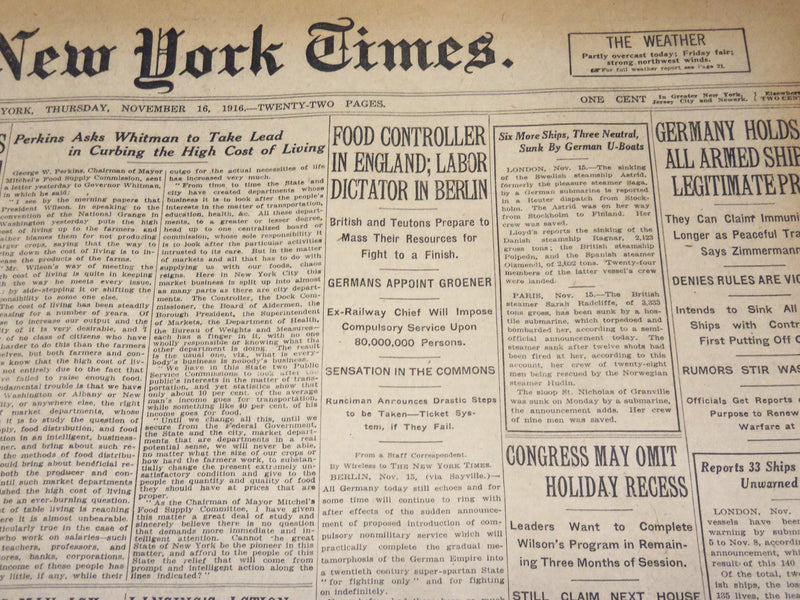 1916 NOVEMBER 16 NEW YORK TIMES -SIX MORE SHIPS SUNK BY GERMAN U-BOATS - NT 7729