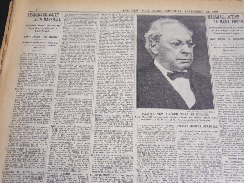 1929 SEPTEMBER 12 NEW YORK TIMES - LOUIS MARSHALL DIES ABROAD AT 73 - NT 6901