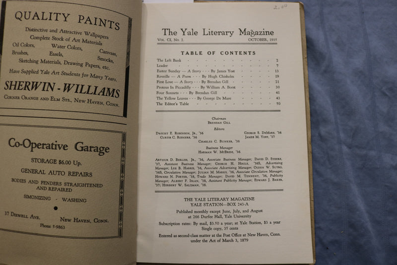 1935 OCTOBER THE YALE LITERARY MAGAZINE - BRENDAN GILL - K 3229