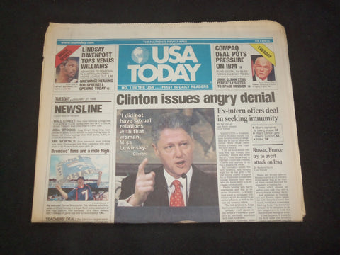 1998 JANUARY 27 USA TODAY NEWSPAPER - CLINTON ISSUES ANGRY DENIAL - NP 7902
