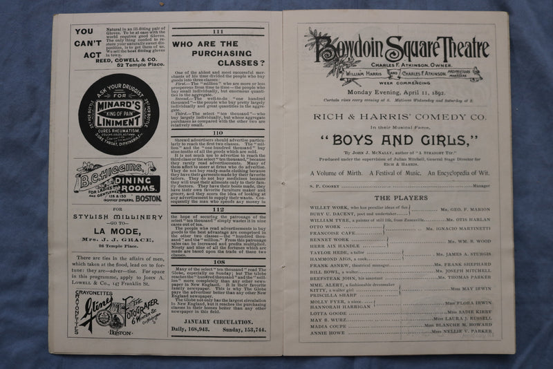 1892-1893 BOWDOIN SQUARE THEATRE PROGRAM - LOT OF 4 - BOSTON, MA - K 2608