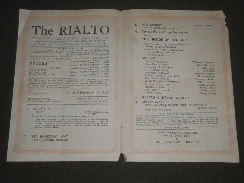 1921 FEBRUARY 13 THE RIALTO BROADWAY PROGRAM - 42ND STREET - J 2400