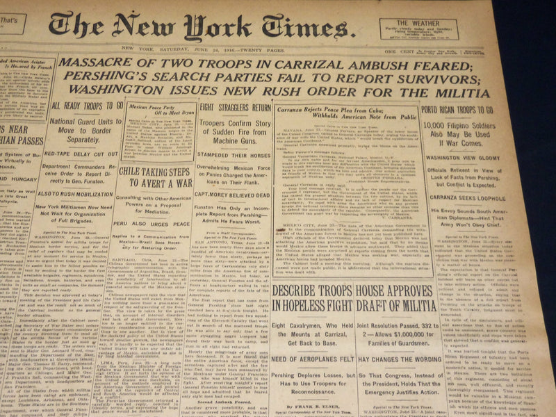 1916 JUNE 24 NEW YORK TIMES - MASSACRE OF TWO TROOPS IN CARRIZAL AMBUSH- NT 8623