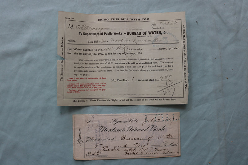 1907 SYRACUSE NEW YORK BUREAY OF WATER BILL AND CHECK - K 2528