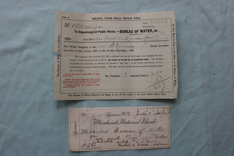 1907 SYRACUSE NEW YORK BUREAY OF WATER BILL AND CHECK - K 2528