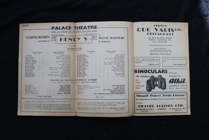1947 LAURENCE OLIVIER'S PRESENTATION OF HENRY V PROGRAM- PALACE THEATRE - K 1838