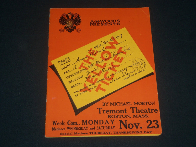 1914 THE YELLOW TICKET TREMONT THEATRE PROGRAM - BOSTON - MICHAEL MORTON- J 4221