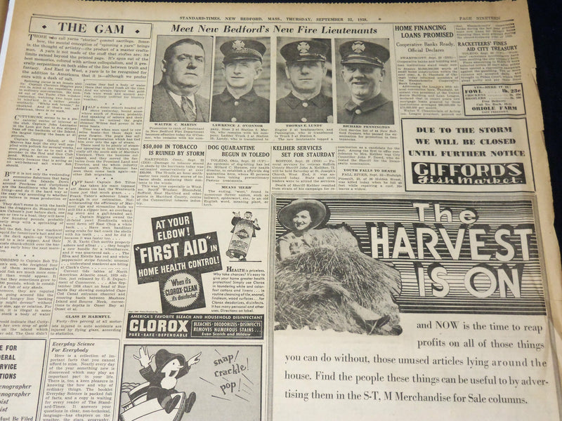 1938 SEPTEMBER 22 NEW BEDFORD STANDARD TIMES - 17 KILLED IN CAPE - NT 8910
