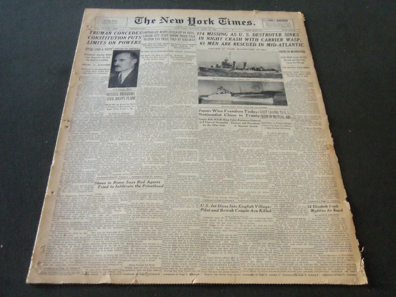1952 APRIL 28 NEW YORK TIMES - 174 MISSING AS U. S. DESTROYER SINKS - NT 5989