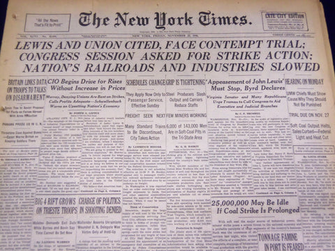 1946 NOV 22 NEW YORK TIMES - LEWIS AND UNION CITED, FACE CONTEMPT TRIAL - NT 849