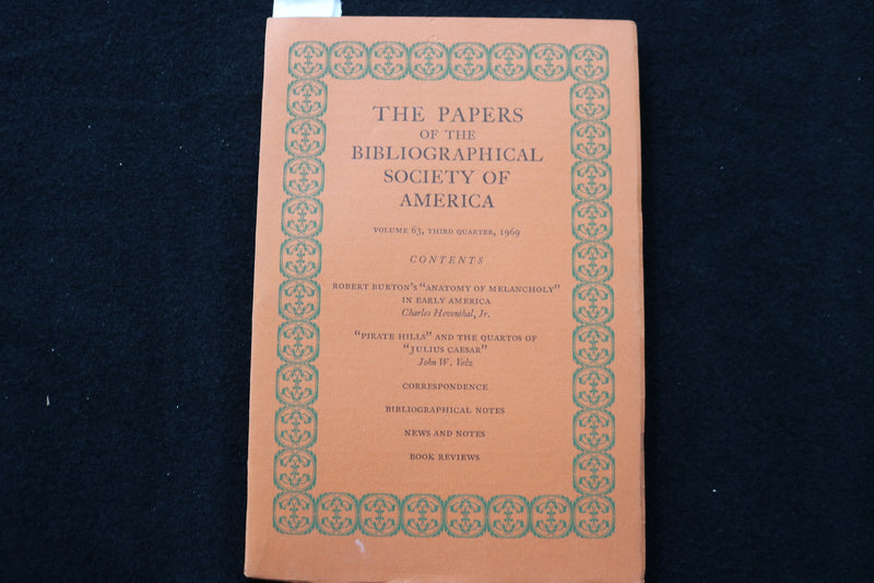 1969 THE PAPERS OF THE BIBLIOGRAPHICAL SOCIETY OF AMERICA - LOT OF 2 - K 2241