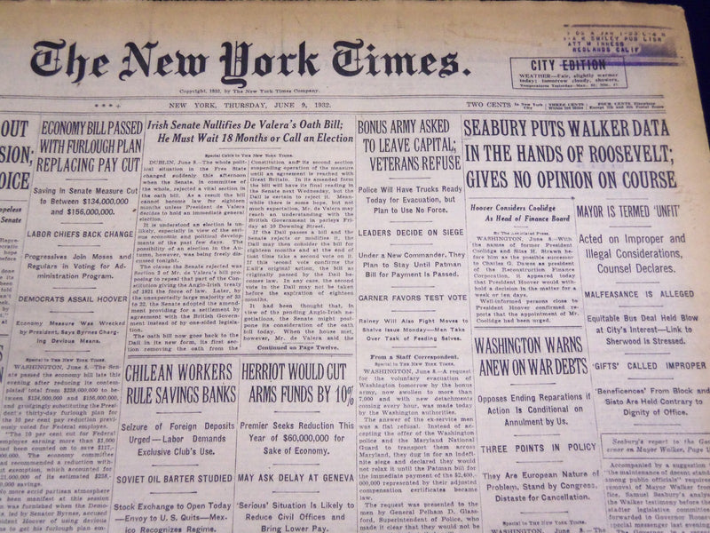 1932 JUNE 9 NEW YORK TIMES - SEABURY GIVES WALKER DATA TO ROOSEVELT - NT 4014