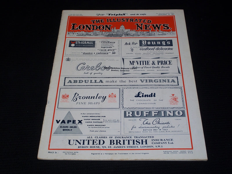 1957 JANUARY 19 ILLUSTRATED LONDON NEWS MAGAZINE NICE COVERS & ADS - E 4261