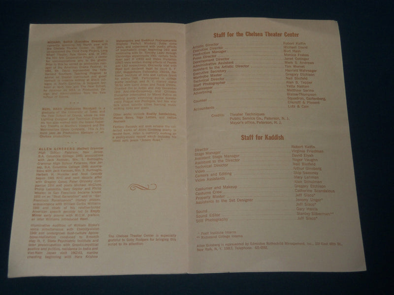 1972 KADDISH CHELSEA THEATER CENTER BROOKLYN PROGRAM - ALLEN GINSBERG - J 4218