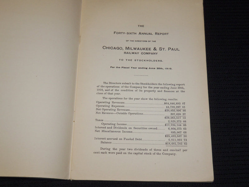 1910 CHICAGO MILWAUKEE & ST. PAUL RAILWAY CO. 46TH ANNUAL REPORT - MAP - K 18