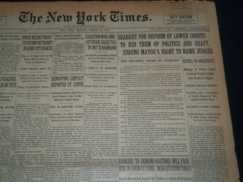 1932 MARCH 28 NEW YORK TIMES - SEABURY FOR REFORM OF LOWER COURTS - NT 7449