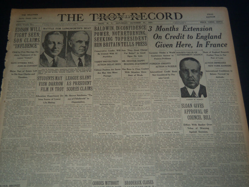 1931 OCT 31 TROY MORNING RECORD NEWSPAPER - EDISON WILL - FIGHT SOON - NT 7490