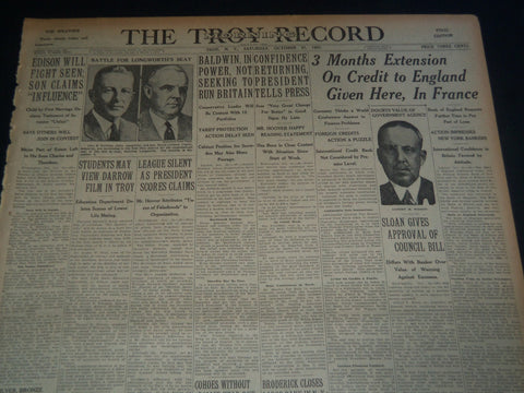 1931 OCT 31 TROY MORNING RECORD NEWSPAPER - EDISON WILL - FIGHT SOON - NT 7490