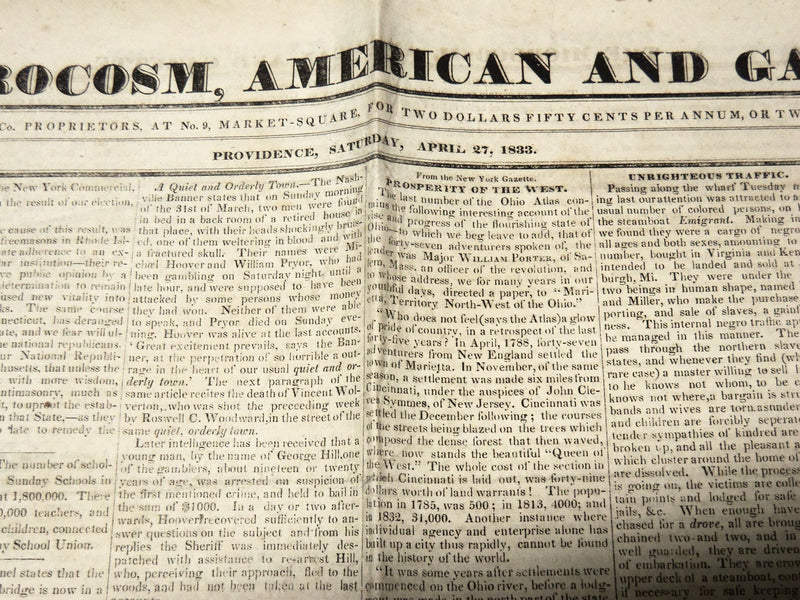 1833 APRIL 27 THE MICROCOSM AMERICAN & GAZETTE NEWSPAPER - PROVIDENCE - NP 3878U
