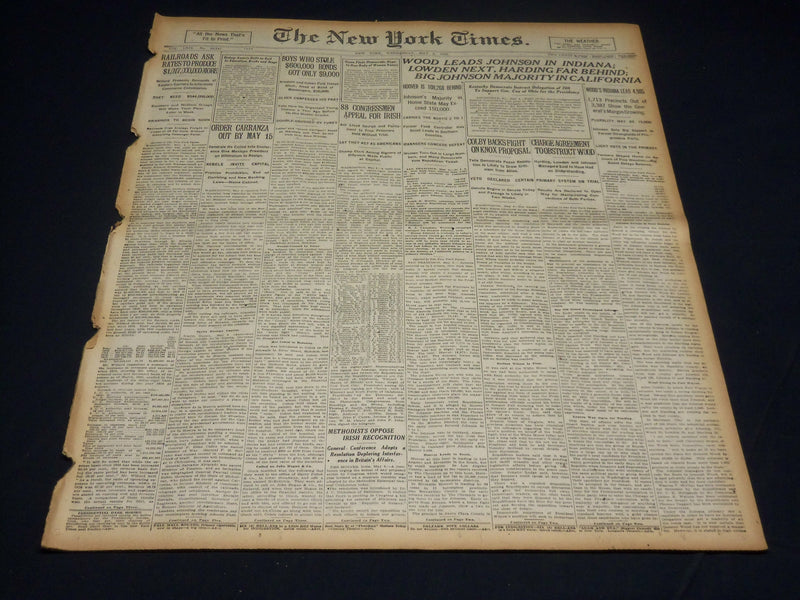 1920 MAY 5 NEW YORK TIMES NEWSPAPER - WOOD LEADS JOHNSON IN INDIANA - NT 8668