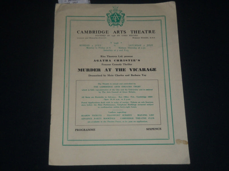 1956 MURDER AT THE VICARAGE CAMBRIDGE ARTS THEATRE PROGRAM - J 4279