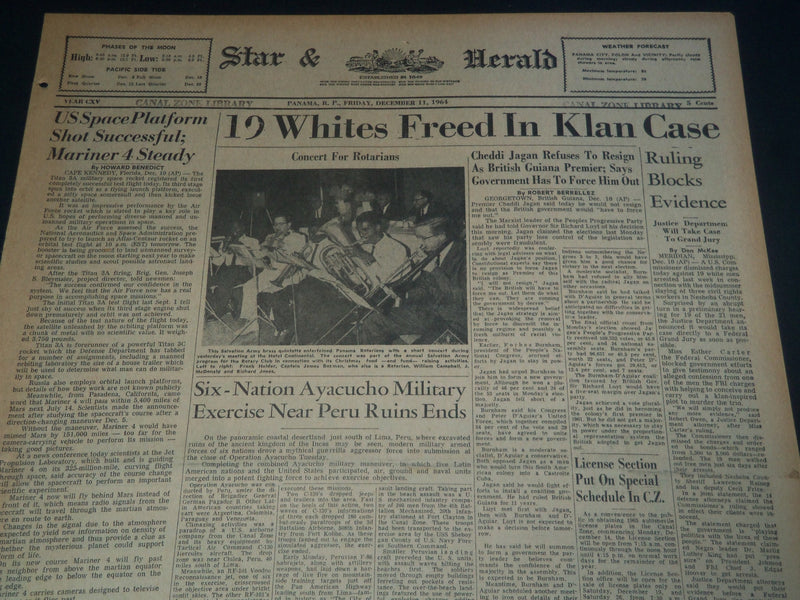 1964 DEC 11 PANAMA STAR & HERALD NEWSPAPER - 19 WHITES FREED IN KLAN - NT 7591