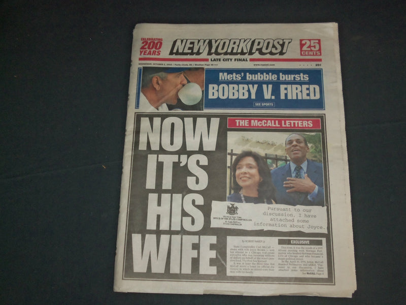 2002 OCTOBER 2 NEW YORK POST NEWSPAPER - METS FIRE BOBBY VALENTINE - NP 4146