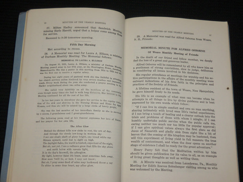 1952 MINTUES OF THE NEW ENGLAND YEARLY MEETING OF FRIENDS BOOK - J 7048