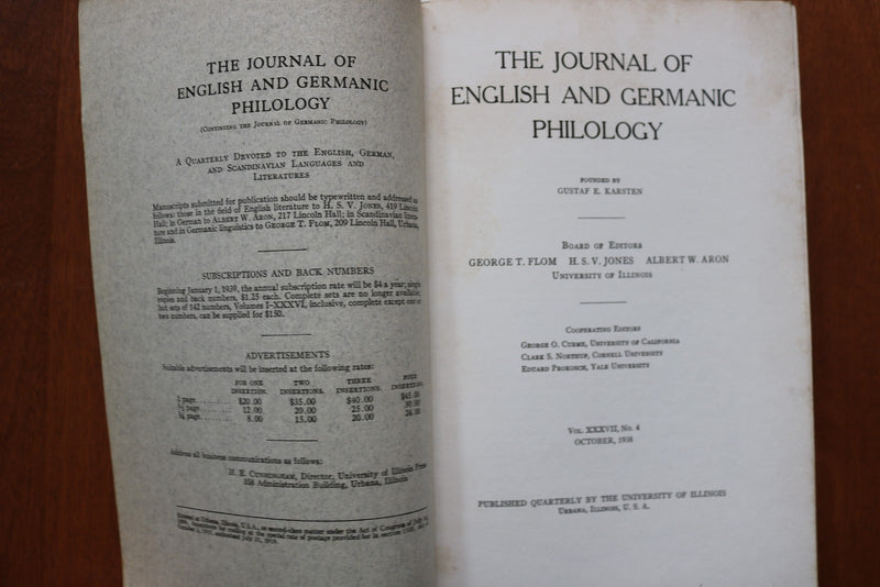 1938 OCTOBER JOURNAL OF ENGLISH AND GERMANIC PHILOLOGY - SOFTCOVER BOOK - K 3240