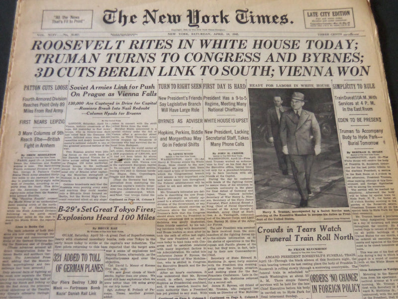 1945 APRIL 14 NEW YORK TIMES - ROOSEVELT RITES IN WHITE HOUSE TODAY - NT 5999