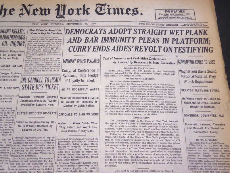 1930 SEPTEMBER 30 NEW YORK TIMES - DEMOCRATS ADOPT STRAIGHT WET PLANK - NT 4929