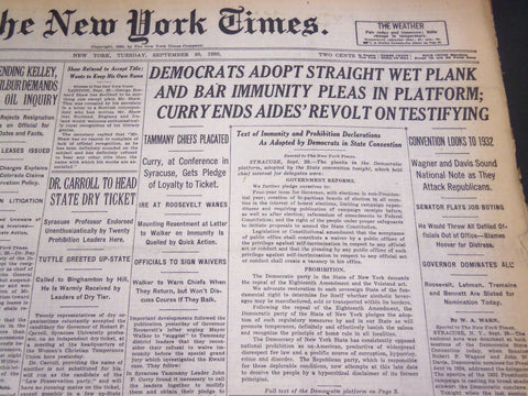 1930 SEPTEMBER 30 NEW YORK TIMES - DEMOCRATS ADOPT STRAIGHT WET PLANK - NT 4929