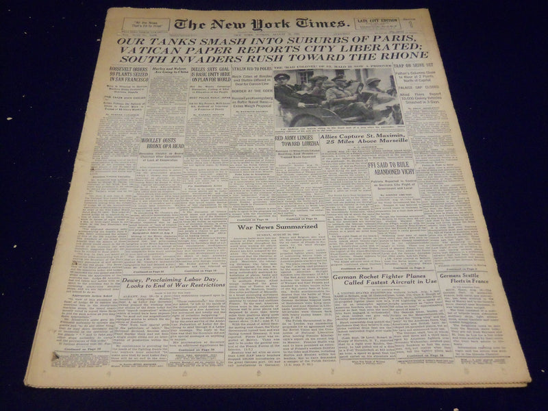 1944 AUGUST 20 NEW YORK TIMES - OUR TANKS SMASH INTO SUBURBS OF PARIS - NT 1907